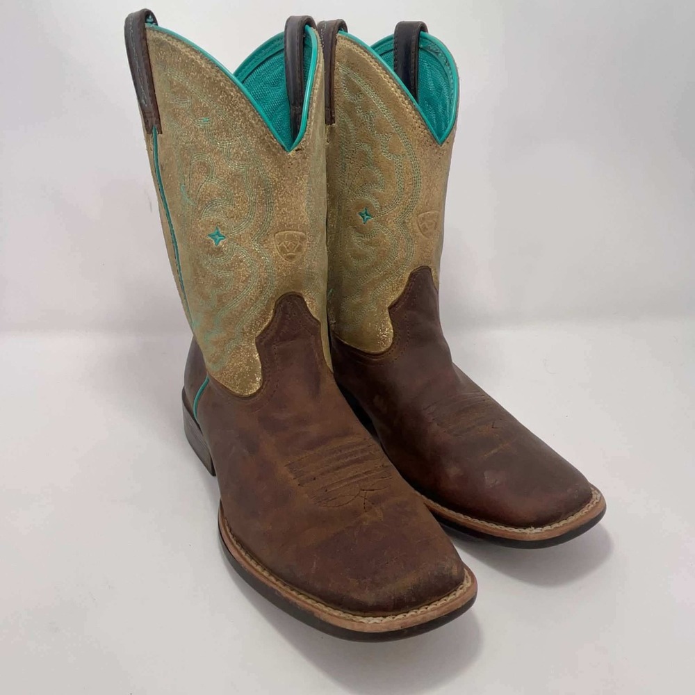 Ariat Quickdraw Brown Leather Cowgirl Boots Square Toe Gold Teal Accents Size 3